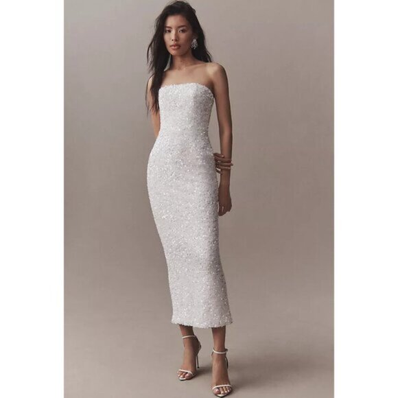 HELSI Leslie Strapless Sequin Column Midi Dress in White Size Medium - Picture 1 of 12